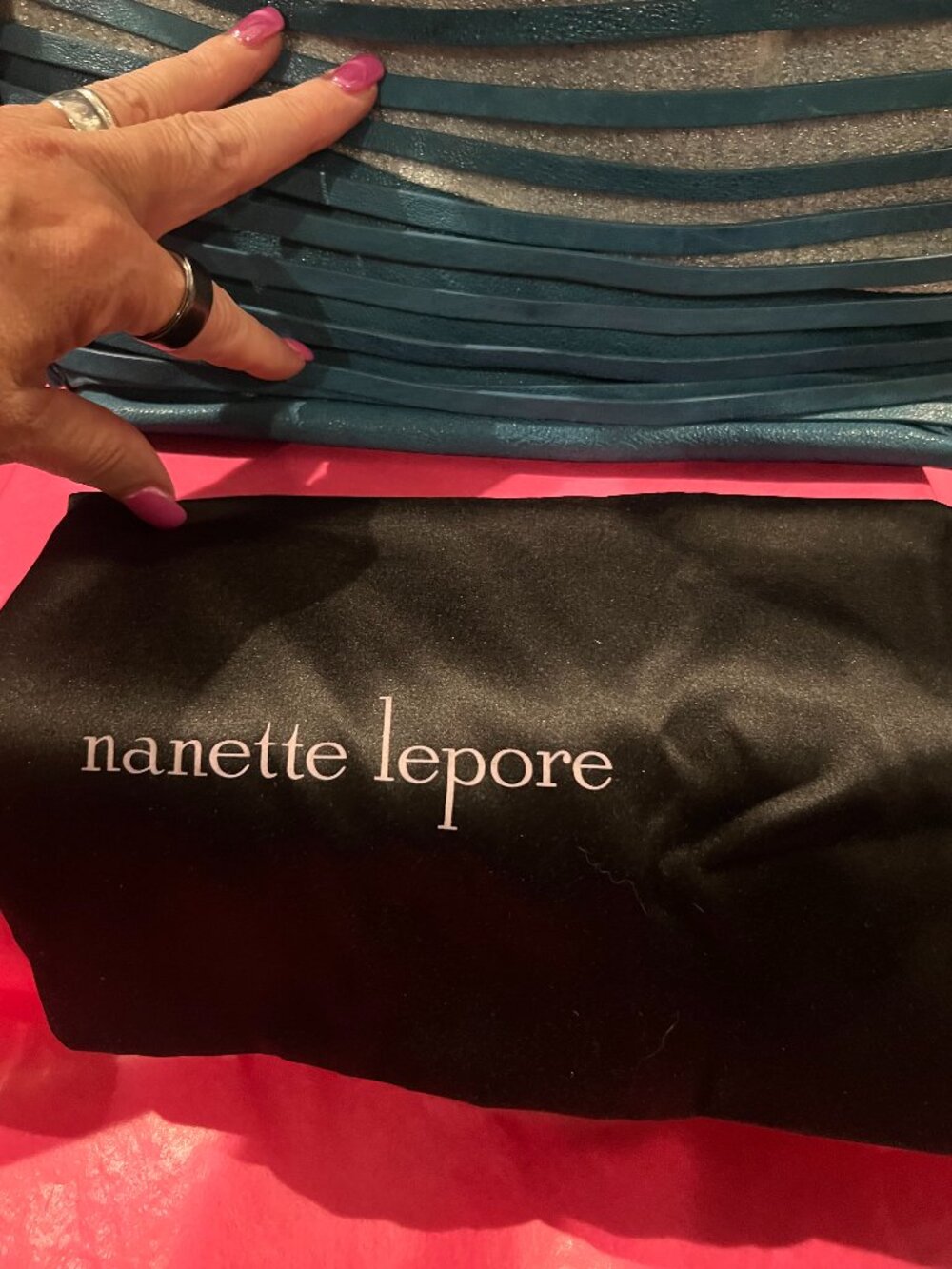 NWT Nanette Lepore Blue Sky Teal Leather Bow Strap Group Tote Bag